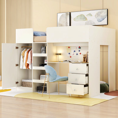 Loft Bed with Built-in Wardrobe, Desk,Drawers Sturdy And Durable
