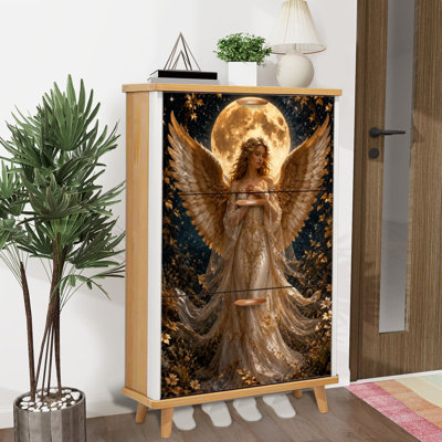 Shoe Storage Cabinet with 3 Flip Drawers for Golden Angel Ornate Wings Glowing Moon Starry Shoe Rack Storage Organizer