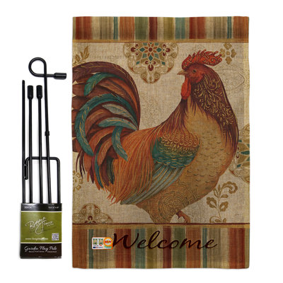 Coq 2 côtés en toile jute 19 x 13 po welcome drapeau de jardin