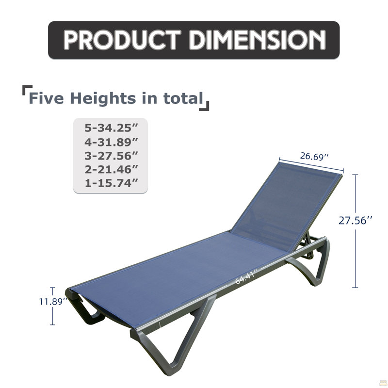Outdoor Lounge Chair, 2 Pieces Aluminum Plastic Patio Chaise Lounge, Navy Blue