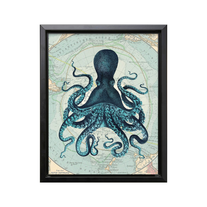 Pieuvre Kraken, Cadre noir, Canevas, H 18 po x l 24 po