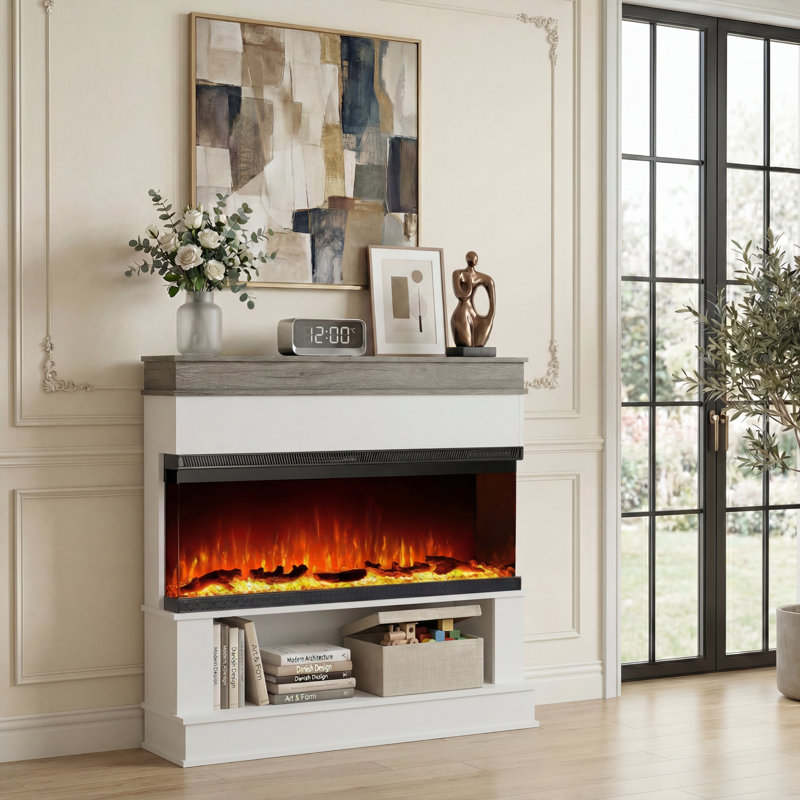 Foyer électrique autoportant blanc de 132 cm (52 ​​po) à 3 faces avec manteau et rangement, insert de foyer extra-large, flamme à 12 couleurs, mode flamme seule, chauffage de 1 500 W