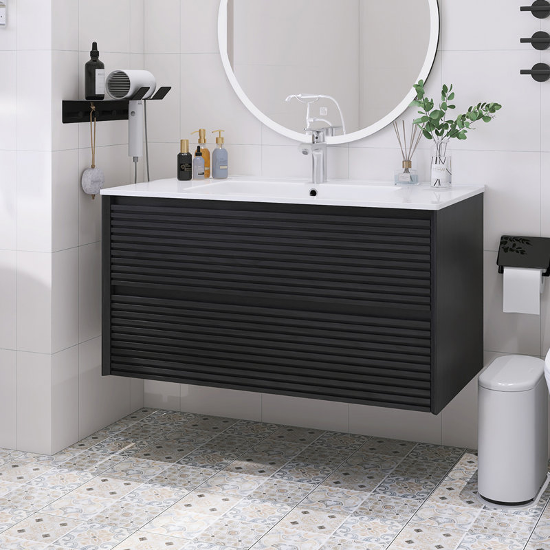 Wall-Mounted Single Bathroom Vanity Set With Ceramic Basin, Dark Oak, 36"