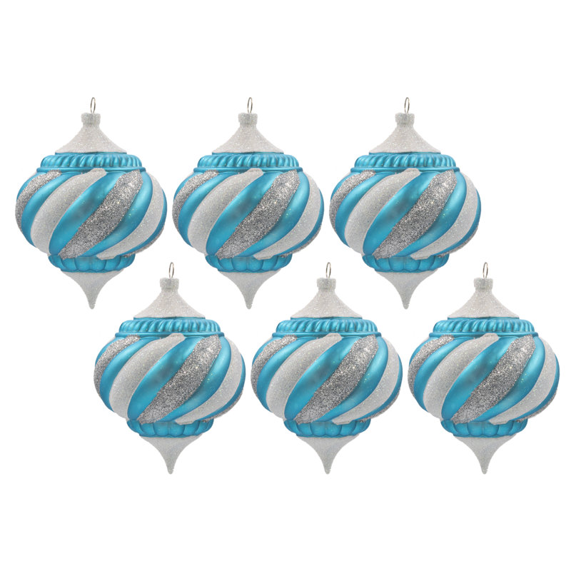 Ornement en oignon rayé 4 po, Turquoise / Blanc / Argent