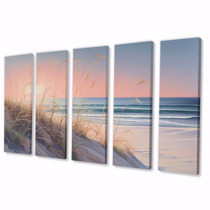 Océan sérénité doux rose pastel plage coucher de soleil I - plage Wall Art salon - 5 panneaux égaux