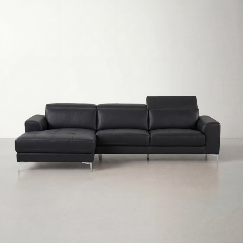 Canapé modulaire et méridienne en cuir véritable 2 pièces, Orienté à gauche (vu de face), Cuir véritable noir