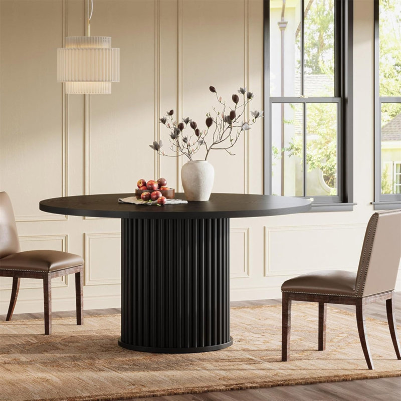 Table de salle à manger ronde cannelée noire 47,24 "avec base en métal pour 4 à 6 personnes