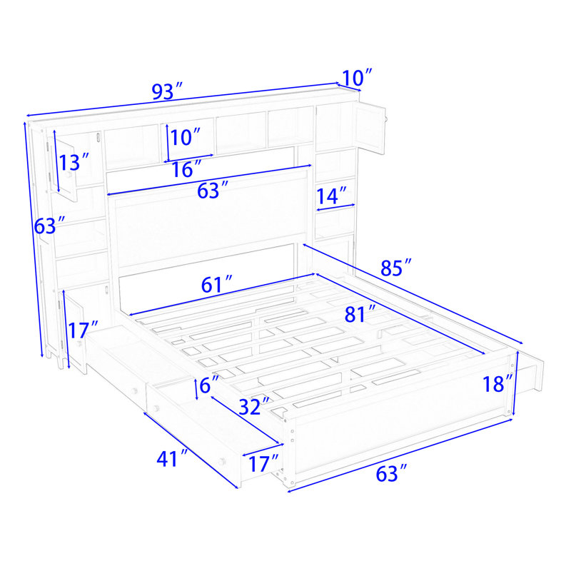 Philman Queen Bed with All-in-One Cabinet, Shelves, 4 Drawers and Sockets, Gray