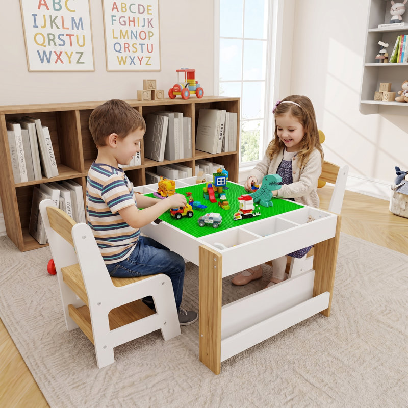 Ensemble de table pour enfants et 2 chaises, 7 compartiments de rangement, compatible avec le bloc de construction LEGO, mobilier de jeu de table d'apprentissage moderne