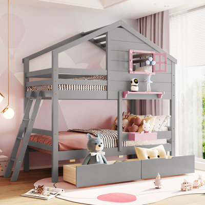 Lit simple superposé au-dessus - gris Comprend 2 tiroirs, une boîte de rangement, une tablette et une fenêtre. Fabrication en bois massif. 6 ans et plus Pour plus de 6