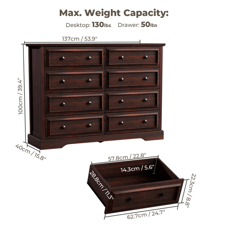 Farmhouse 8 Drawer Dresser For Bedroom, 8 Drawers-Cherry