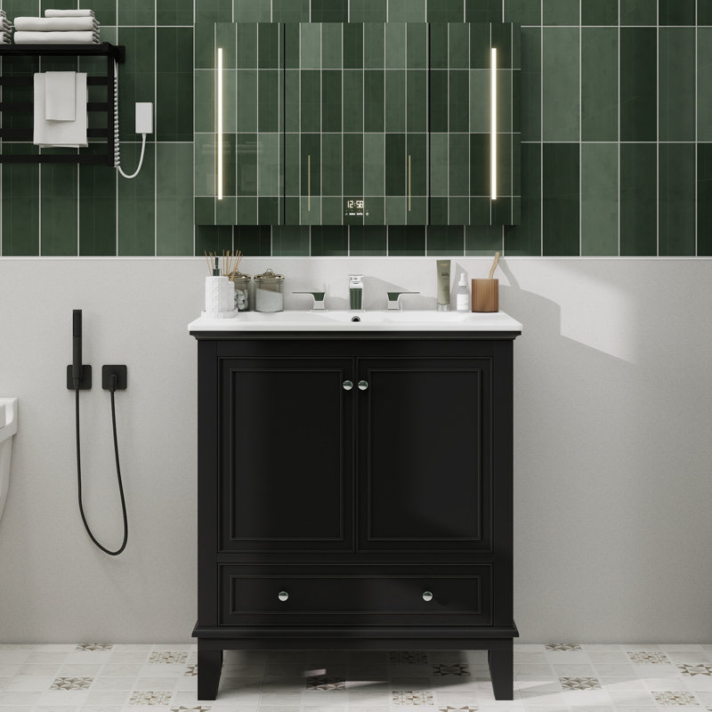 Meuble-lavabo 30 po avec lavabo, armoire multifonctionnelle avec portes et tiroir, bois massif et panneau de fibres à densité moyenne, noir