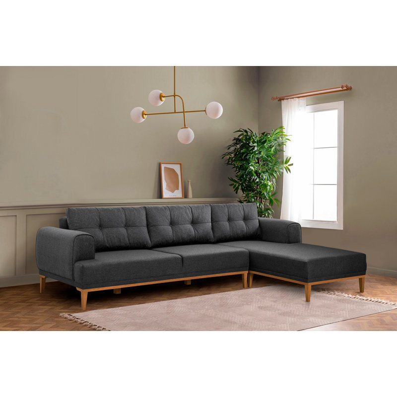 Canapé d’angle, Mélange de polyester gris, Noyer