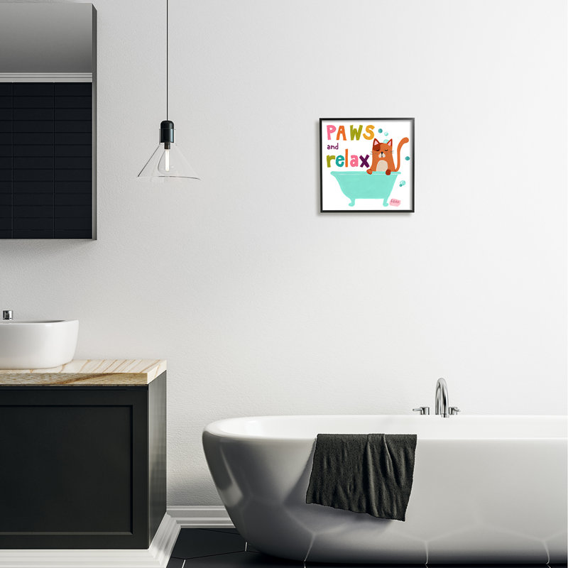 «Paws & Relax Cat Bathaign Bathroom», art texturé giclée par June Erica Vess, Giclée encadrée noir minuit, L 12 po x H 12 po