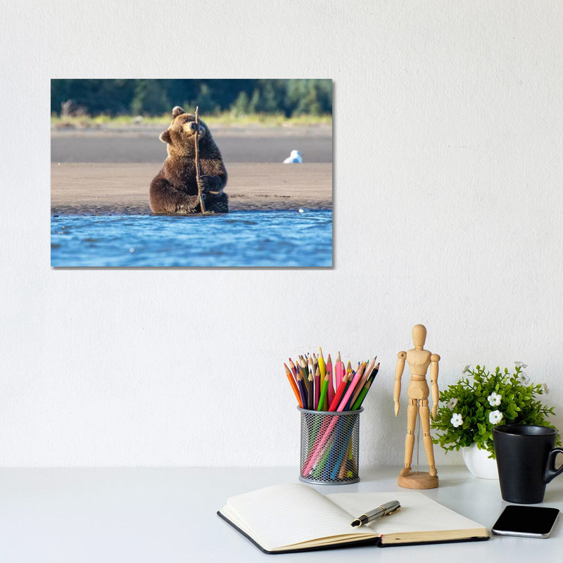 Bear Cub and Stick 1 Piece Wrapped Canvas Painting, 20.32 cm H x 30.48 cm W