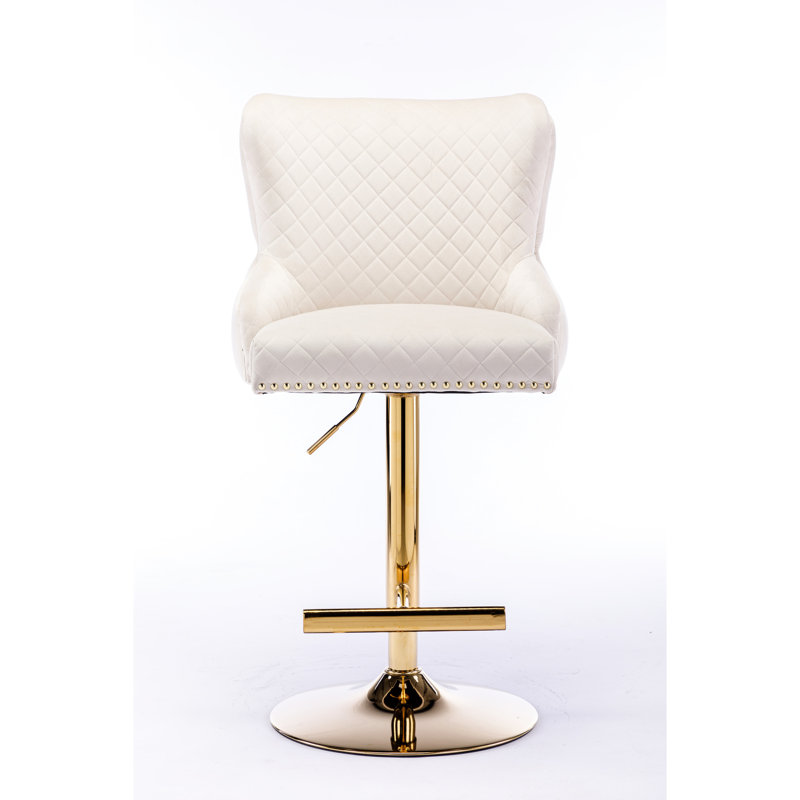 Chaise de bar en velours beige à hauteur ajustable, charisme à dossier en losange, coussin éponge Delight, ornementation de tête de lion d'or grandiose, robustesse des pieds dorés électrolytiques, tabouret de chaise de protection antidérapant