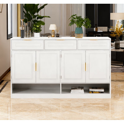 Buffet Farmhouse avec 3 tiroirs et 4 portes, buffet de rangement multifonctionnel de 59,1 po avec tablette réglable et compartiments de rangement ouverts, adapté pour la salle à manger, le salon, le vestibule