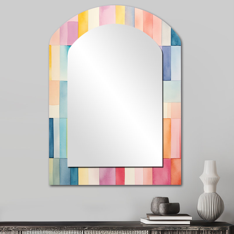 Midcentury pastel color cubes I - Geometric Asymmetrical Large Mirror, Modern Arch Unique Wall Mirror Decor, Printed Metal Art