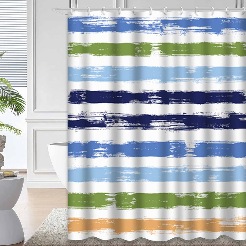 Tartan Watercolor Brush Stripes Sky Blue Shower Curtain with 12 Hooks, 72" L x 72" W