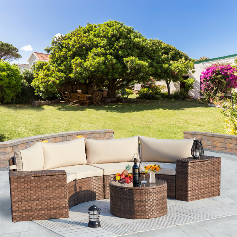 Ensemble modulaire de patio 7 pièces avec table ronde et 2 tables d'appoint, Beige