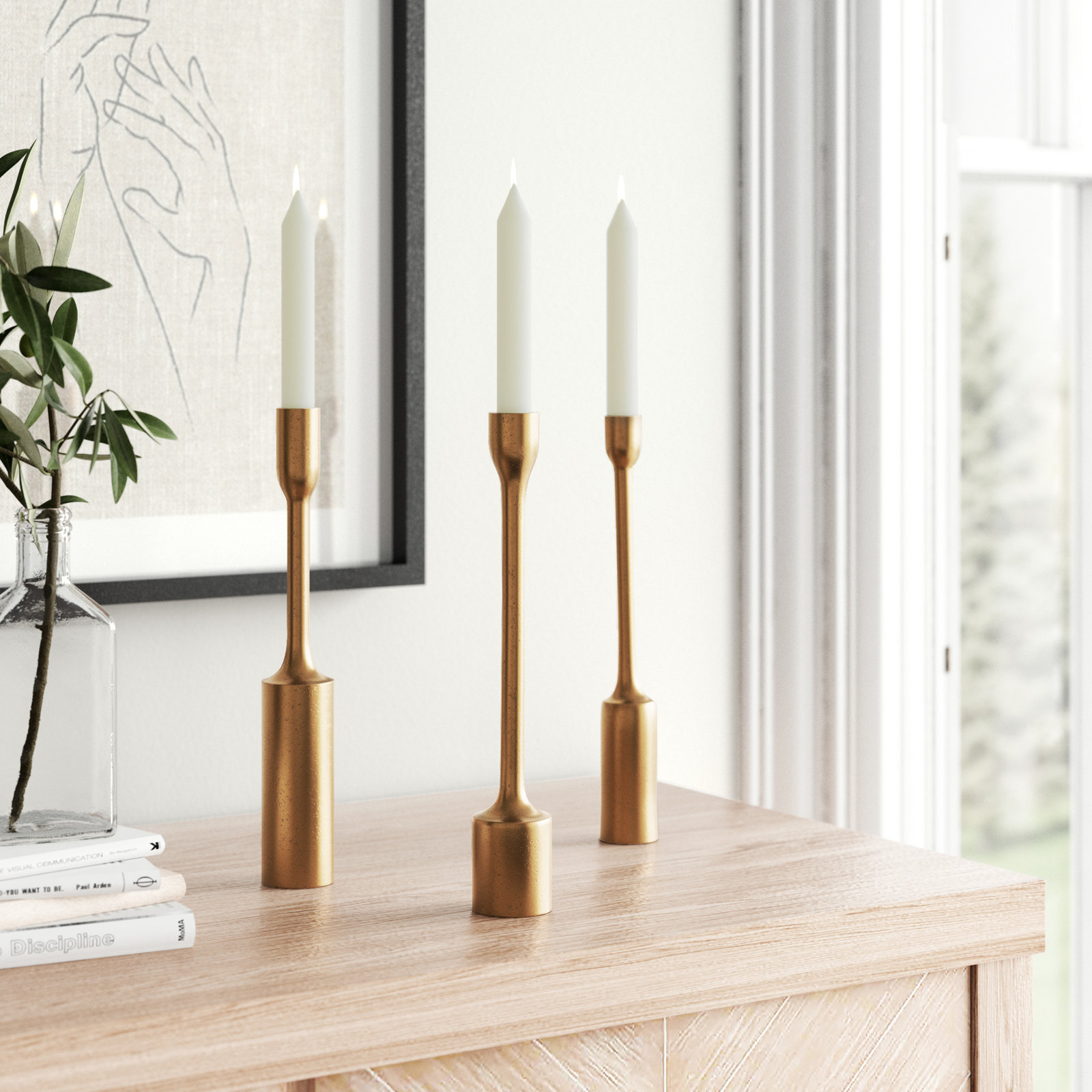 Imbali 3-Piece Metal Candlestick Set, Antique Brass