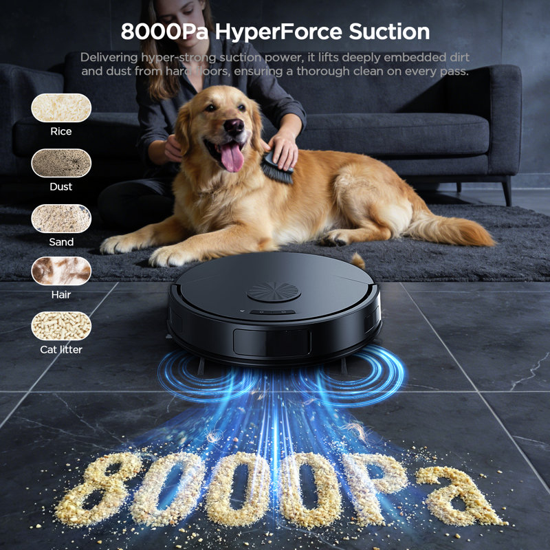 2-in-1 Robot Vacuum and Mop Combo with 8000Pa Suction, Ultra-Thin, 120-Min Runtime, Self-Charging, App & Remote Control