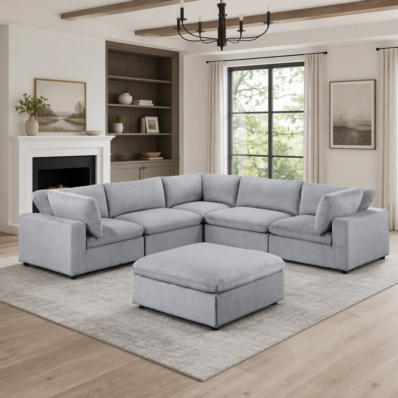 Canapé modulaire 6 pièces gris foncé en velours côtelé avec pieds en bois