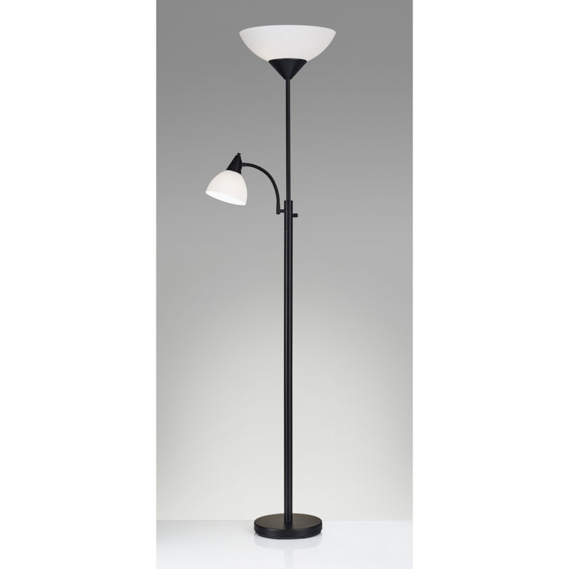 Blasdell 71" Two Light Torchiere Floor Lamp With White Acrylic Bowl Shades, Black