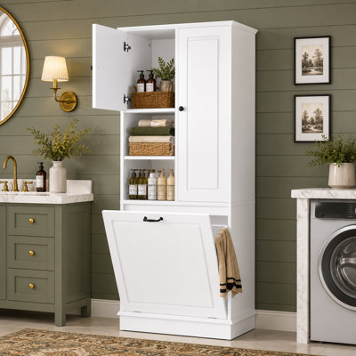 Grande armoire de rangement avec tablettes réglables, grand panier rabattable et armoires fermées - parfait pour la salle de bain, le salon ou le bureau, matériau en bois aggloméré avec poignées en alliage d'aluminium