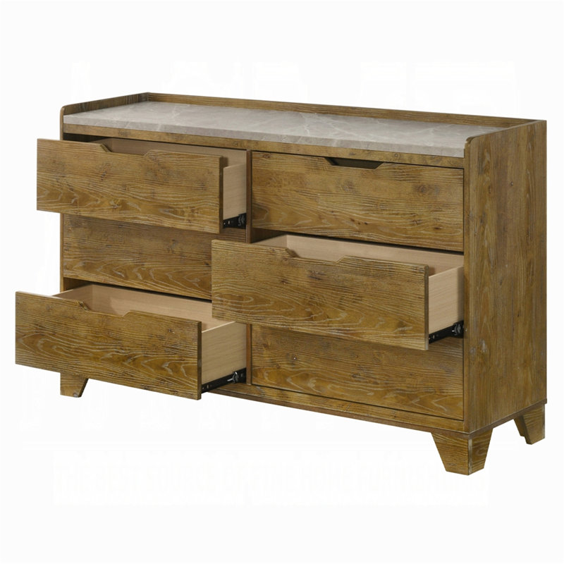 Commode transitionnelle à finition brune avec 6 tiroirs de rangement et meubles de chambre à coucher 1 pièce en bois d'hévéa massif