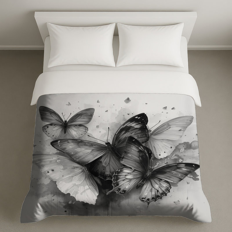 Housses de couette à motif de papillons monochromes, Grand lit