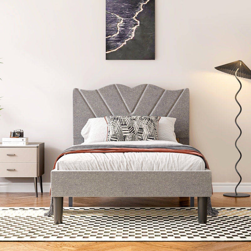 Upholstered Platform Bed, Bed Frame, Gray