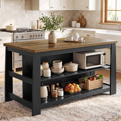 55-Inch Kitchen Island with Open Storage Shelves, Black and Brown Counter Height Bar Table with Seating for Kitchen, Dining Room