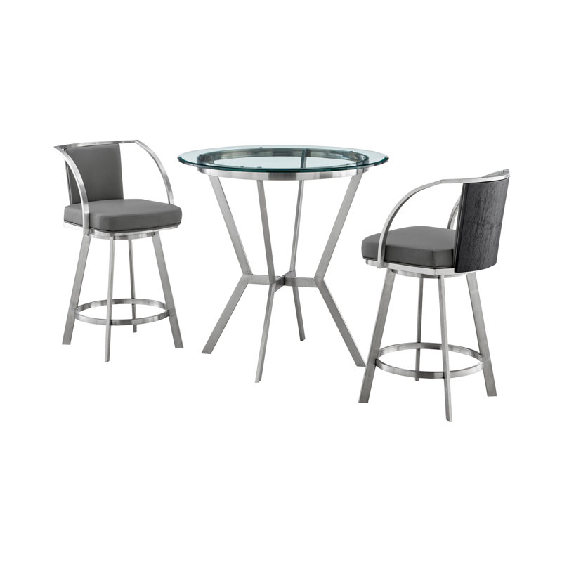 Ardie Glass Top Four Leg Dining Set, 3, Brushed Stainless Steel, Brushed Stainless Steel/Gray