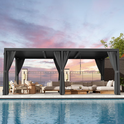 12x20 Ft Aluminum Louvered Pergola, Outdoor Pergola With Adjustable Louvered Roof, Louvered Pergola With Waterproof Curtains And Nets For Deck Garden Yard, Pool Party