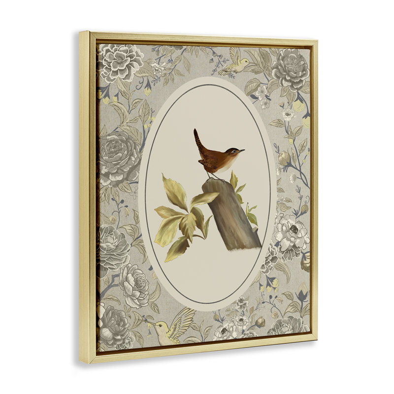 Cadre flottant perché pour oiseaux et toiles, design par Radhika Modi, H 31 po x l 25 po, Cadre flottant métallique doré