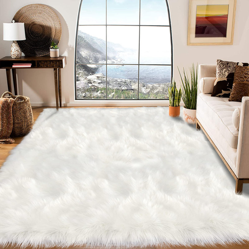 Tapis blanc à poils longs moderne fabriqué à la main, Rectangle 9 pi x 12 pi