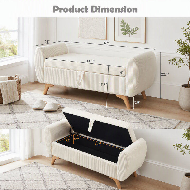 Banc de rangement rembourré en velours côtelé avec pieds en bois, Beige