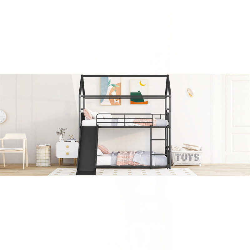 Twin Over Twin Metal Bunk Bed With Slide,Kids House Bed Black