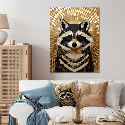 Gold And Black Curious Racoon - Raccoon Animal Metal Wall Art