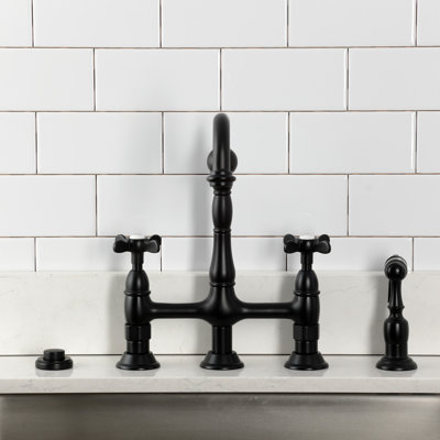 Kingston Brass Bel-Air Two-Handle 4-Hole Deck Mount Bridge Kitchen Faucet with Brass Side Sprayer