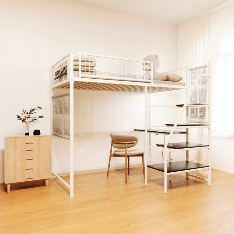 Lit mezzanine simple en métal pour chambre à coucher et dortoir - blanc, station de charge, lumières à DEL, taille robuste pour charge intégrée, construction robuste