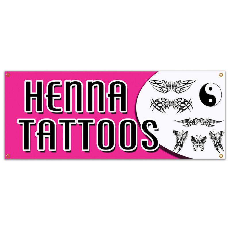 Bannière HENNA TATTOOS, artiste de salon temporaire et naturel, H 18 po x l 48 po x 0,1 po