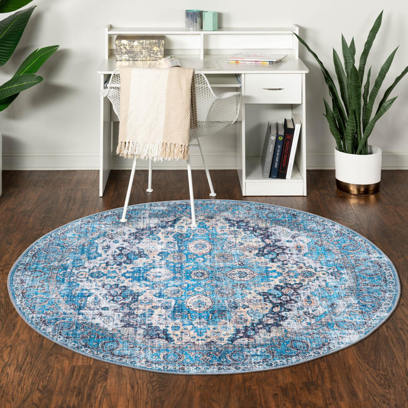 Tapis bleu / gris en chenille de style oriental Gutshall, Rond 5 pi 3 po