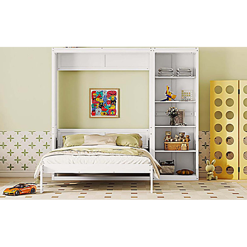 Grand lit escamotable mural avec tablettes, blanc, Blanc, Grand lit
