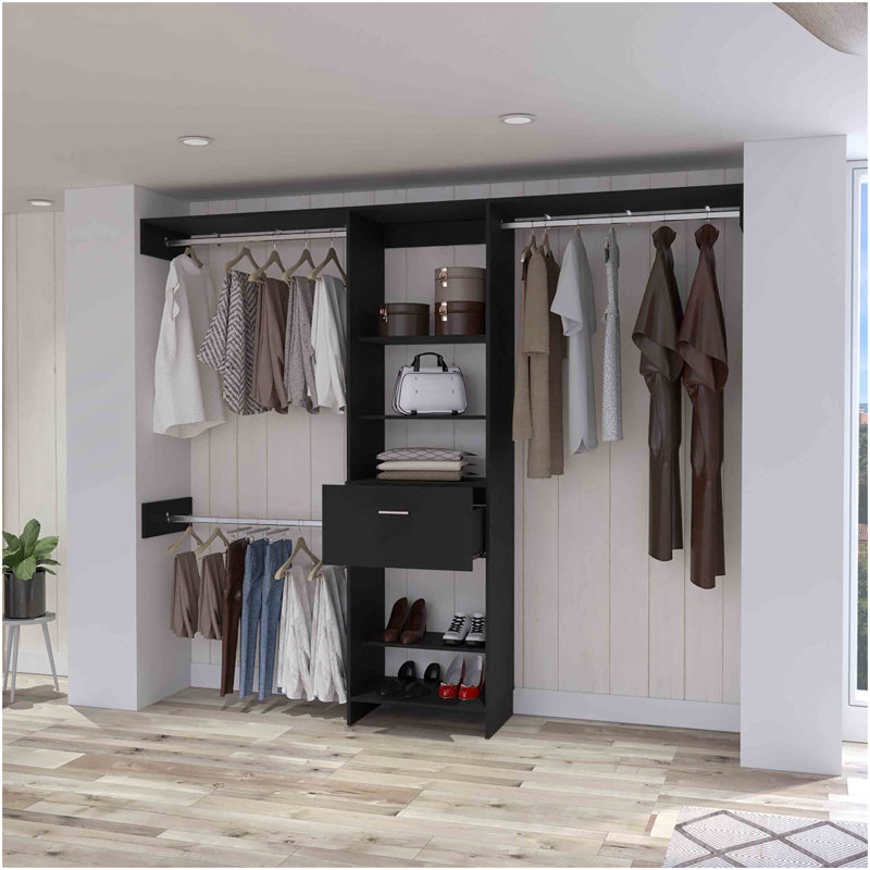 Cross Closet System, One Drawer, Three Metal Rod, Five Open Shelves, Black