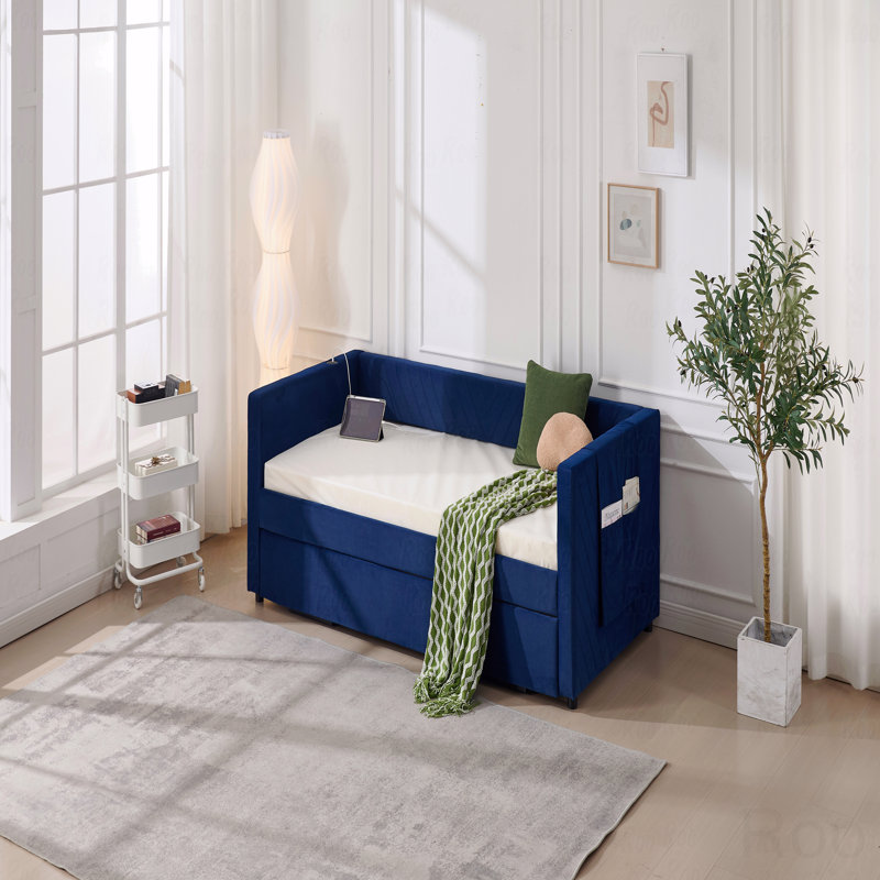 Upholstered Trundle Daybed, Twin Size,USB Port,Side Pockets, Modern V-Grained Backrest Design,No Box Spring Needed, Navy
