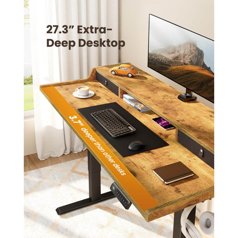 Bureau debout électrique à hauteur réglable avec tiroirs pour le bureau personnel, table de jeu avec tablette de rangement et 4 hauteurs préréglées