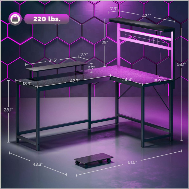 L Shaped Gaming Desk With LED Lights, Power Outlets, Monitor Stand, And CPU Shelf | Gift Idea, Black/Black