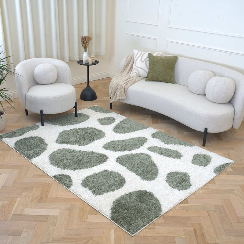 Moodi Modern Shaggy Area Rug Abstract Pebble Design, Rectangle 200 x 290 cm, Off-White/Green